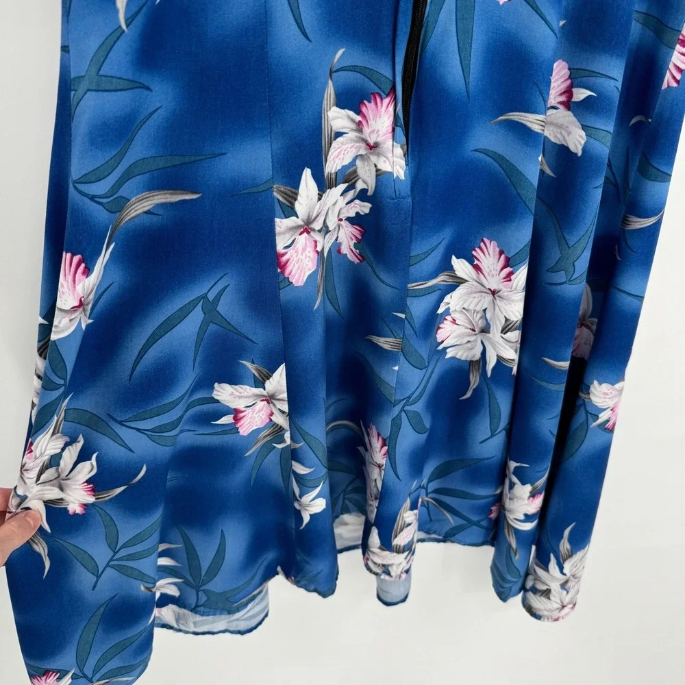 Two Palms Vtg Blue Midnight Orchid Floral Midi H-Strap Dress Women's M